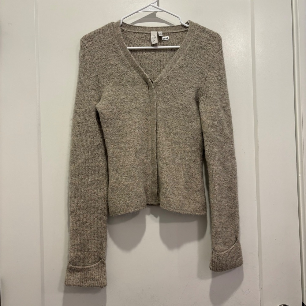 Anne Klein AK Women Taupe 100% Alpaca V-Neck Button Front Cardigan Sweater M